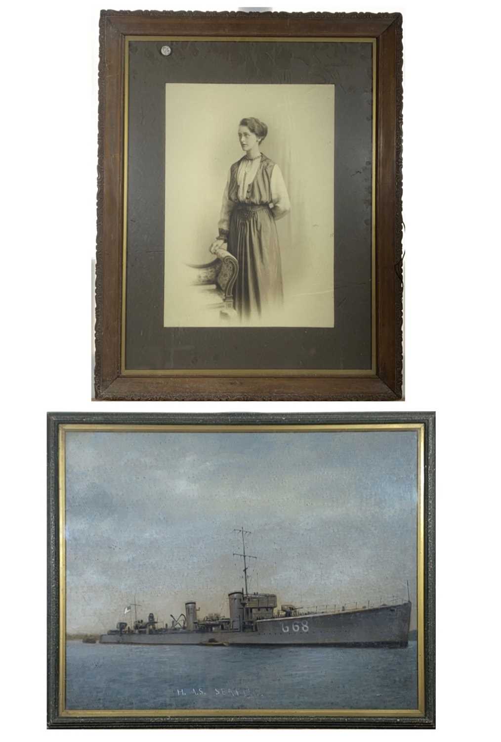 A painting of the warship HMS Seafire 38 x 48cm, together with an Edwardian photograph of a lady