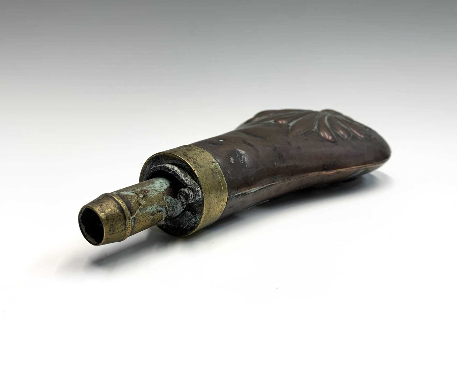 A 19th century copper and brass small powder flask, length 8cm, another powder flask and a - Image 3 of 11