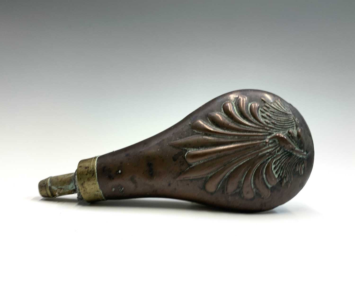 A 19th century copper and brass small powder flask, length 8cm, another powder flask and a - Image 10 of 11