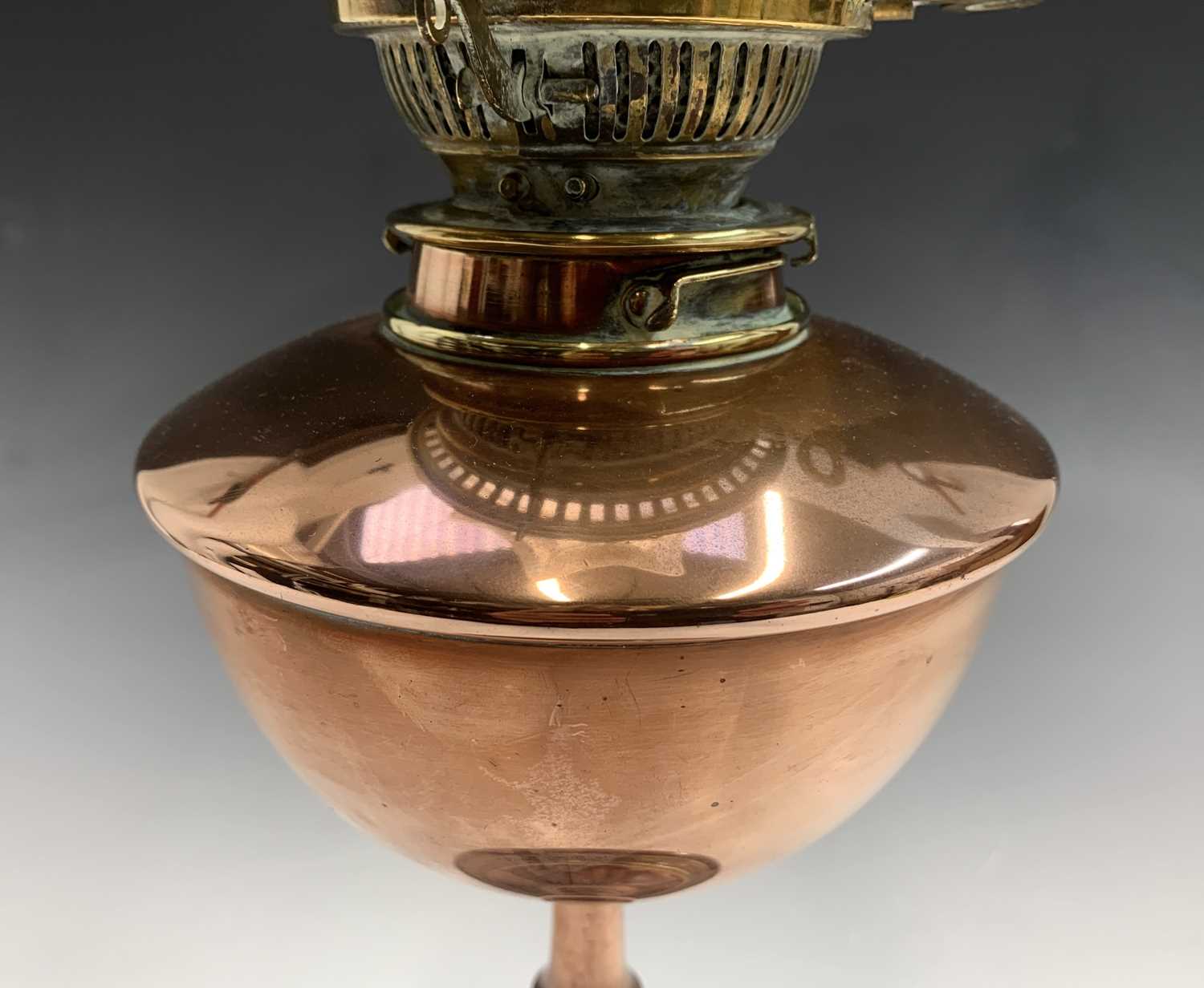 A Messengers Patent copper oil lamp, together with glass shade having acid-etched and painted floral - Image 2 of 8