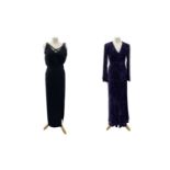 A long black sleeveless beaded evening gown, size 10 and a long purple cut-velvet bias cut dress