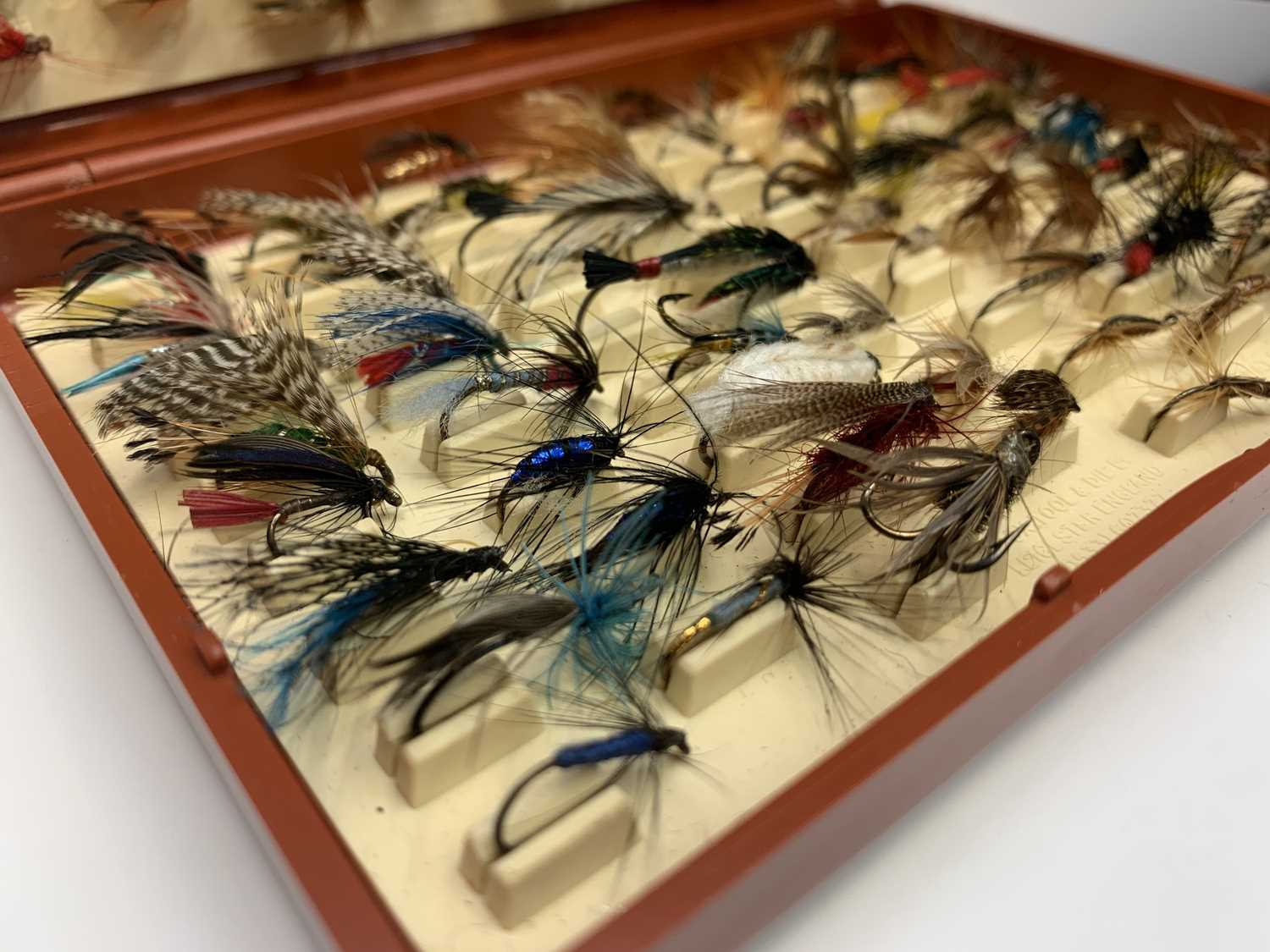 Two boxes of assorted fishing flies and a small quantity of other flies, contained in a mahogany - Image 7 of 8