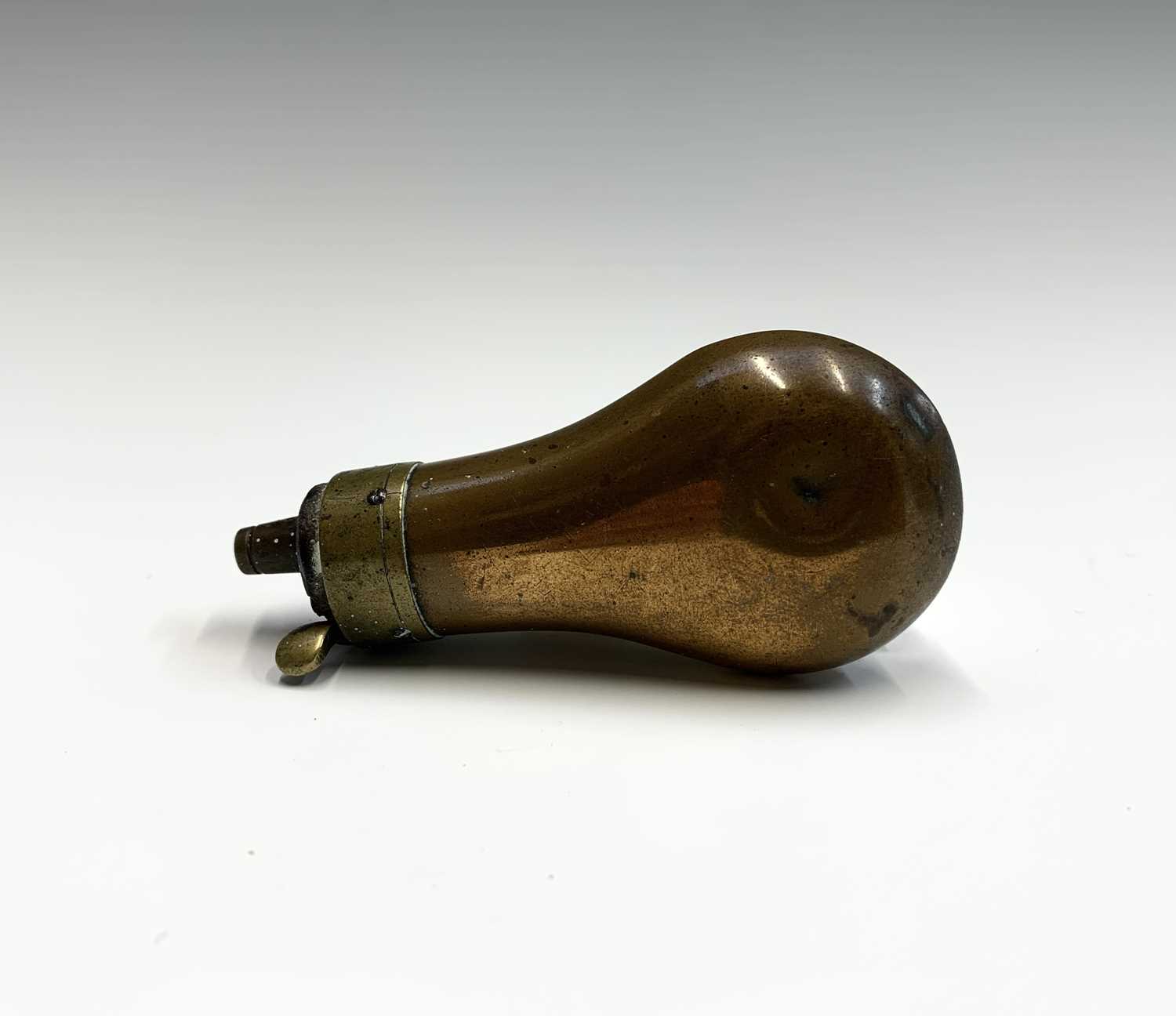 A 19th century copper and brass small powder flask, length 8cm, another powder flask and a - Image 6 of 11