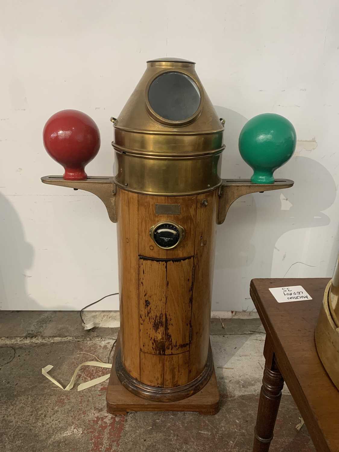 An American brass, iron and teak ship's binnacle, circa 1900, with brass hood, the gimbal compass - Image 5 of 10