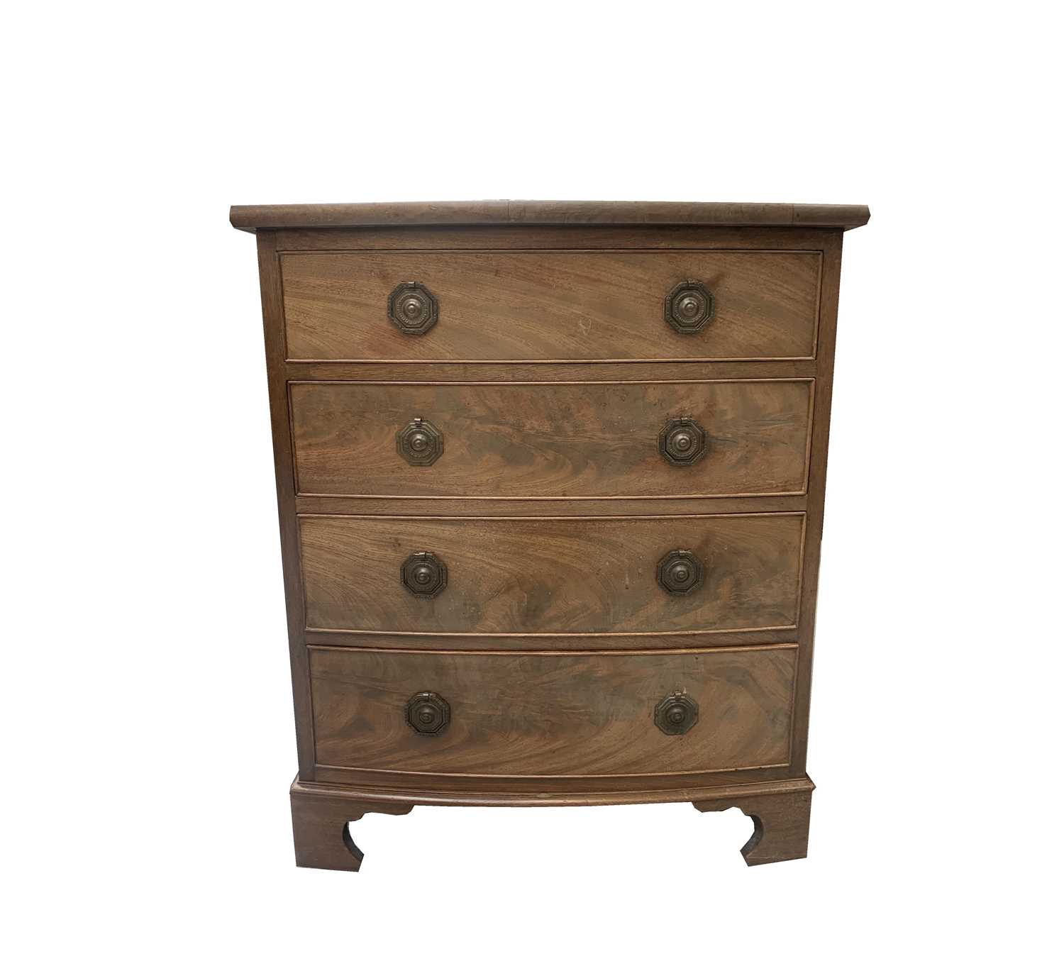A Georgian style mahogany small bow front chest, circa 1900, fitted four long drawers, on bracket