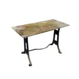 A marble topped garden table on associated cast iron base. Height 69.5cm, width 106.5cm, depth