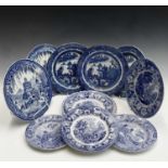 Two 'Willow' pattern blue and white transfer printed pearlware plates, one stamped Dillwyn & Co.,