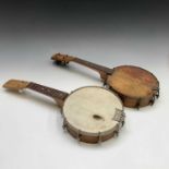A small fruitwood four string banjo ukelele, unamed, length 56cm, and one other (2).