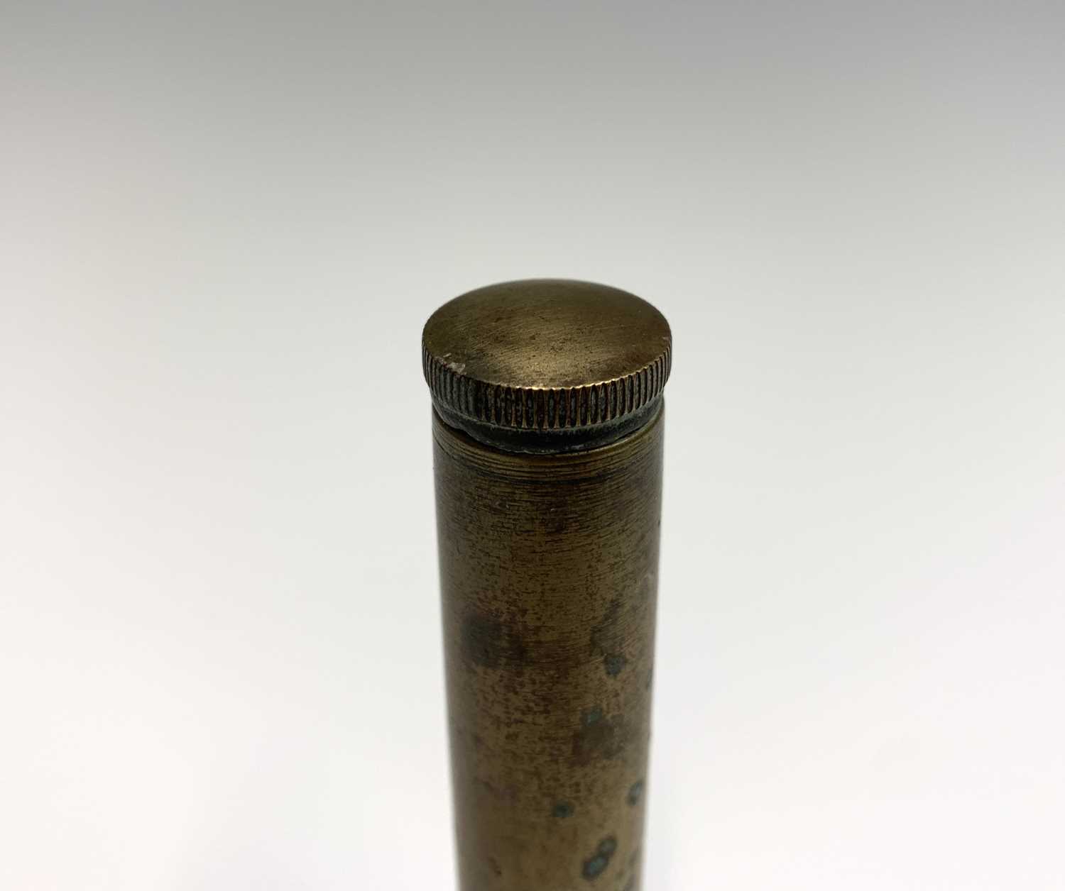 A 19th century copper and brass small powder flask, length 8cm, another powder flask and a - Image 8 of 11