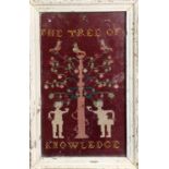 A woolwork panel, 'The Tree of Knowledge', depicting Adam and Eve stood before the tree of knowledge