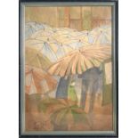 K Knight a 1930s watercolour, a rainy day, a lone child amidst coloured umbrellas, indistinctly