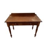 A Victorian mahogany side table, with two drawers on turned tapering legs, height 84cm, width 109cm,