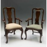 A pair of George III style children's chairs, having vase shape splats, drop in seats, and carved