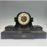 A Victorian ebonised wood and simulated marble inlaid mantel clock, with white enamelled chapter