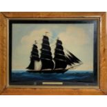 A reverse painted glass silhouette picture of Cutty Sark, early 20th century, titled and in a