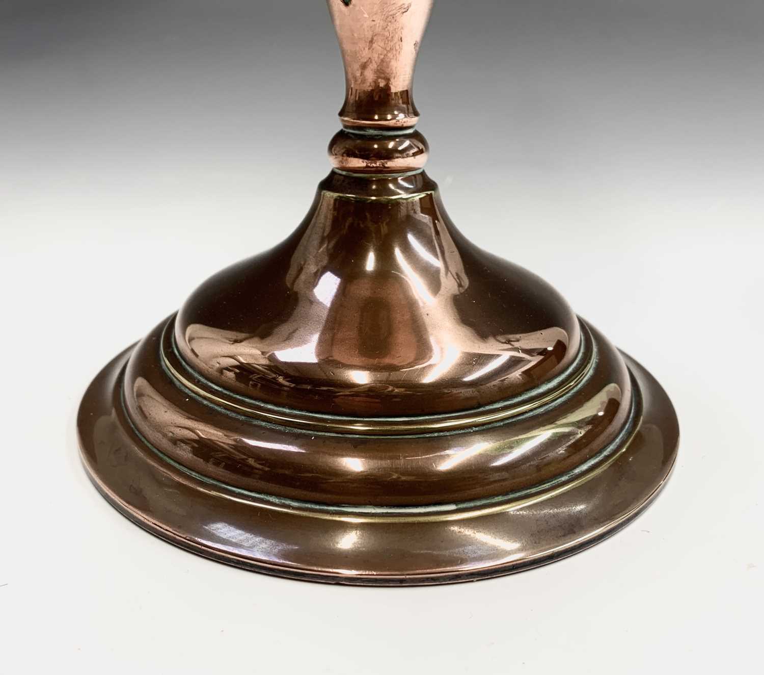 A Messengers Patent copper oil lamp, together with glass shade having acid-etched and painted floral - Image 5 of 8