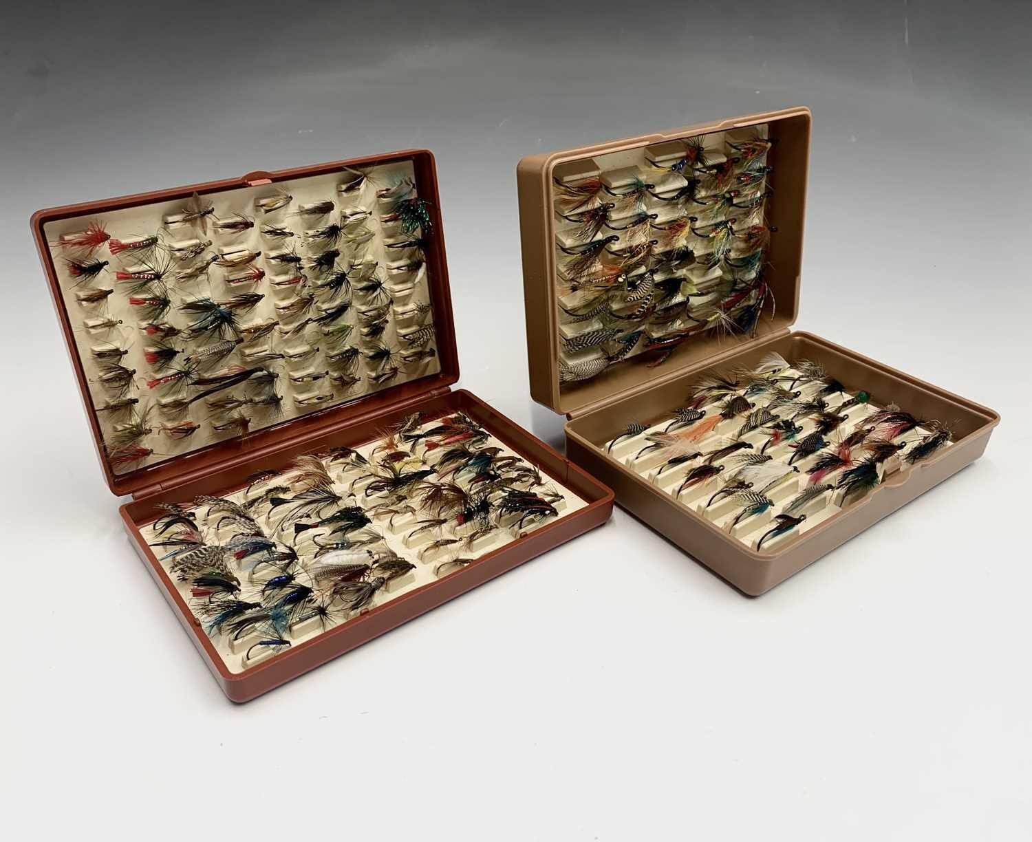 Two boxes of assorted fishing flies and a small quantity of other flies, contained in a mahogany - Image 2 of 8