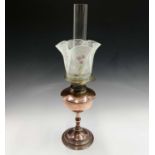 A Messengers Patent copper oil lamp, together with glass shade having acid-etched and painted floral