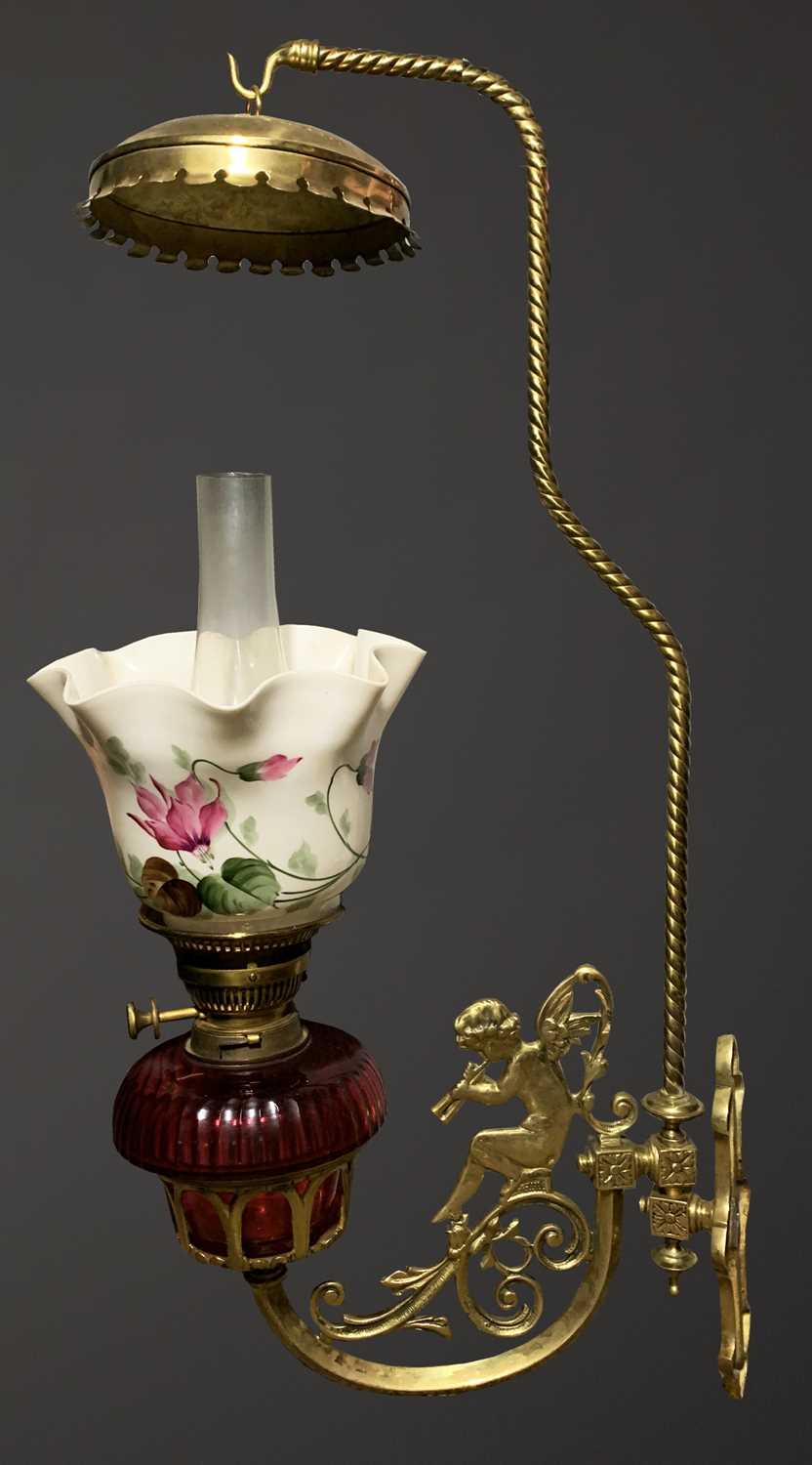 A pair of rare late Victorian Romany wall mounted brass cherub oil lamps, each with cranberry - Image 3 of 15
