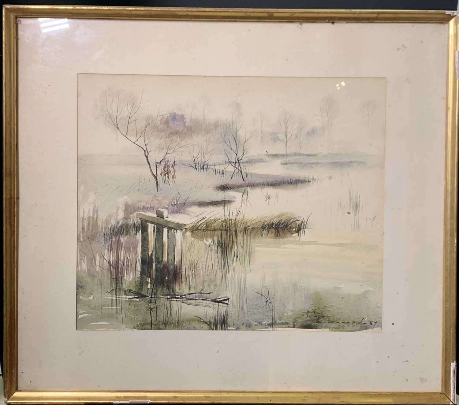 A marine oil signed C. Alexis, another signed A Wills, a post-war oil and a river landscape - Image 5 of 5