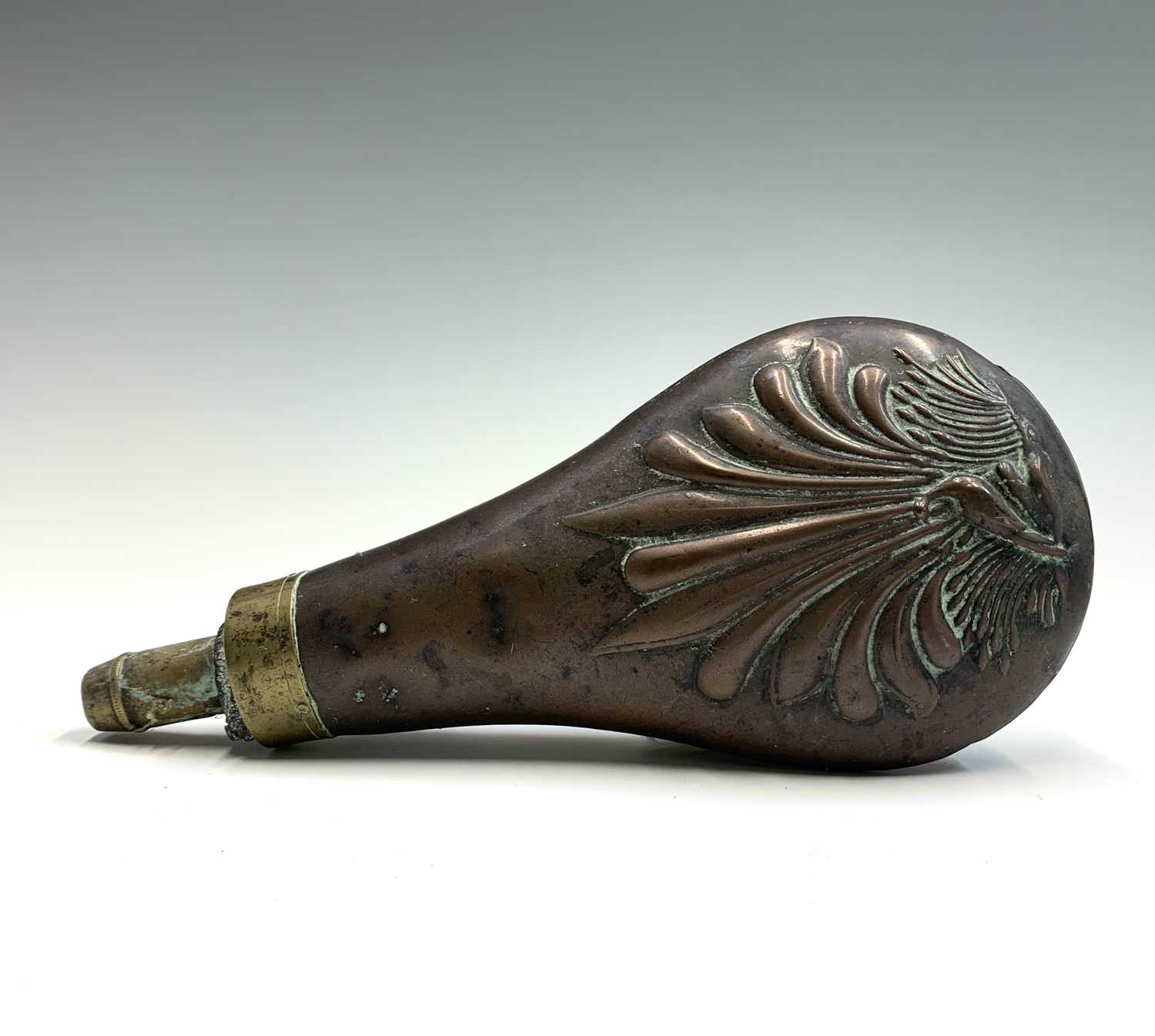 A 19th century copper and brass small powder flask, length 8cm, another powder flask and a - Image 2 of 11