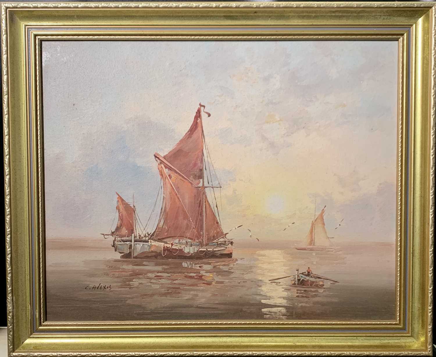 A marine oil signed C. Alexis, another signed A Wills, a post-war oil and a river landscape