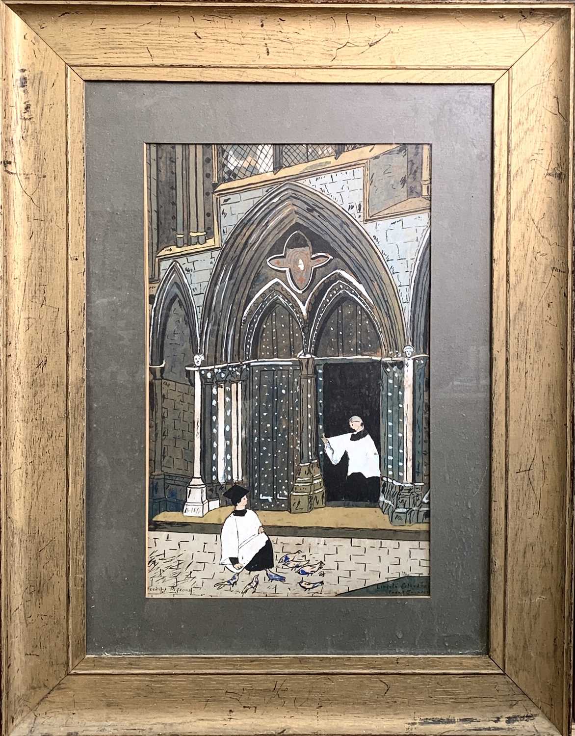 Frank JOHNSON (20th Century British School)'Feeding Pigeons - Lincoln Cathedral'GouacheSigned and - Image 2 of 2