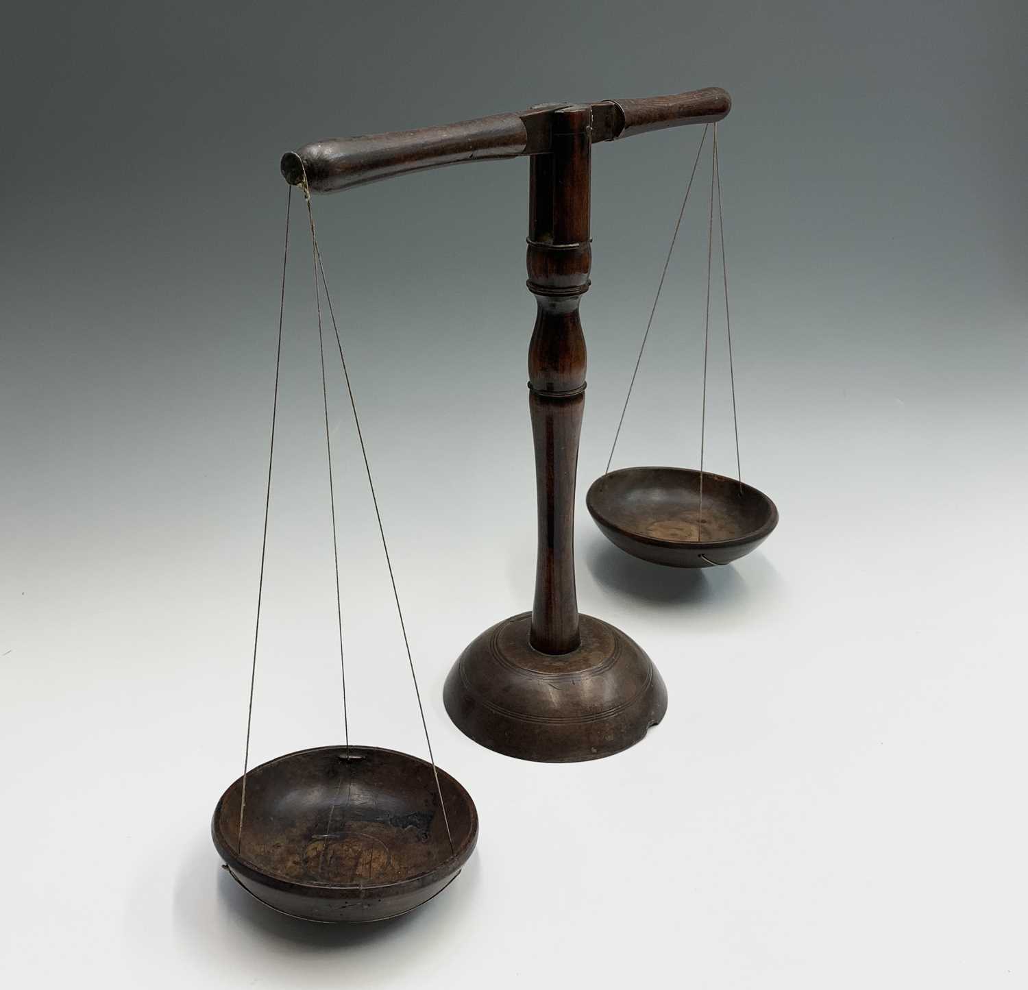 A set of elm and sycamore butter or dairy scales, West country or Wales, mid 19th century, with - Image 5 of 9