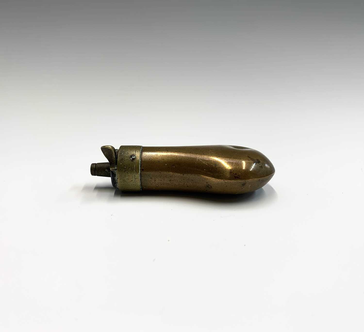 A 19th century copper and brass small powder flask, length 8cm, another powder flask and a - Image 4 of 11