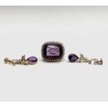 A pair of Victorian 15ct gold amethyst and pearl earrings and a similar brooch with a border of