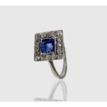 A white gold or platinum sapphire and diamond square cluster ring 2.2gm