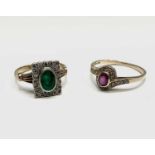Two 9ct gold ring, one set with an emerald and diamonds the other with a ruby and diamonds.5.