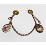 A 9ct chain bracelet with three fobs (one gold?) and a locket