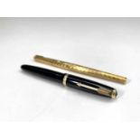 A Parker Duofold black fountain pen with 14ct N nib and a gilt Parker 45 ballpoint