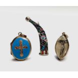 An engraved gold locket with a cross on blue enamelled ground 23.3mm 5gm, a Russian enamelled sheath