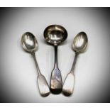 A silver fiddle pattern sauce ladle and two silver fiddle pattern spoons 4.6oz