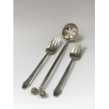 Two American silver forks marked Gorham Sterling, 82.3gmTogether with silver plate sifter spoon by
