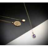 A 9ct gold mounted amethyst and white stone pendant and chain a chased 9ct gold locket and chain 9.