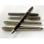 Three Scheaffer Prelude fountain pens each with metallic finish and two similar ballpoint pens
