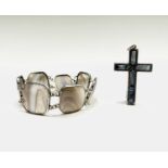 A silver bracelet with 7 panels of grey/white banded agate and a similar cross 30gmCondition report: