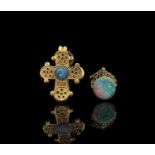 A French gilt opal set pendant and an opal set cross pendant 40mm 9.6gm