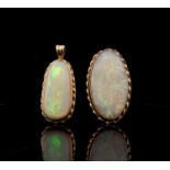 Two gold rope-twist mounted opal pendants 12.6gm