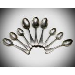 Eight various Old English Pattern silver spoons and an Exeter fiddle pattern teaspoon.9.6oz