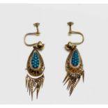 A pair of 19th century Roman Revival gold, turquoise set earrings each with a graduated snake tail