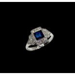 An Art Deco 18ct white gold and platinum ring set with a square sapphire and diamonds 3.2gmCondition