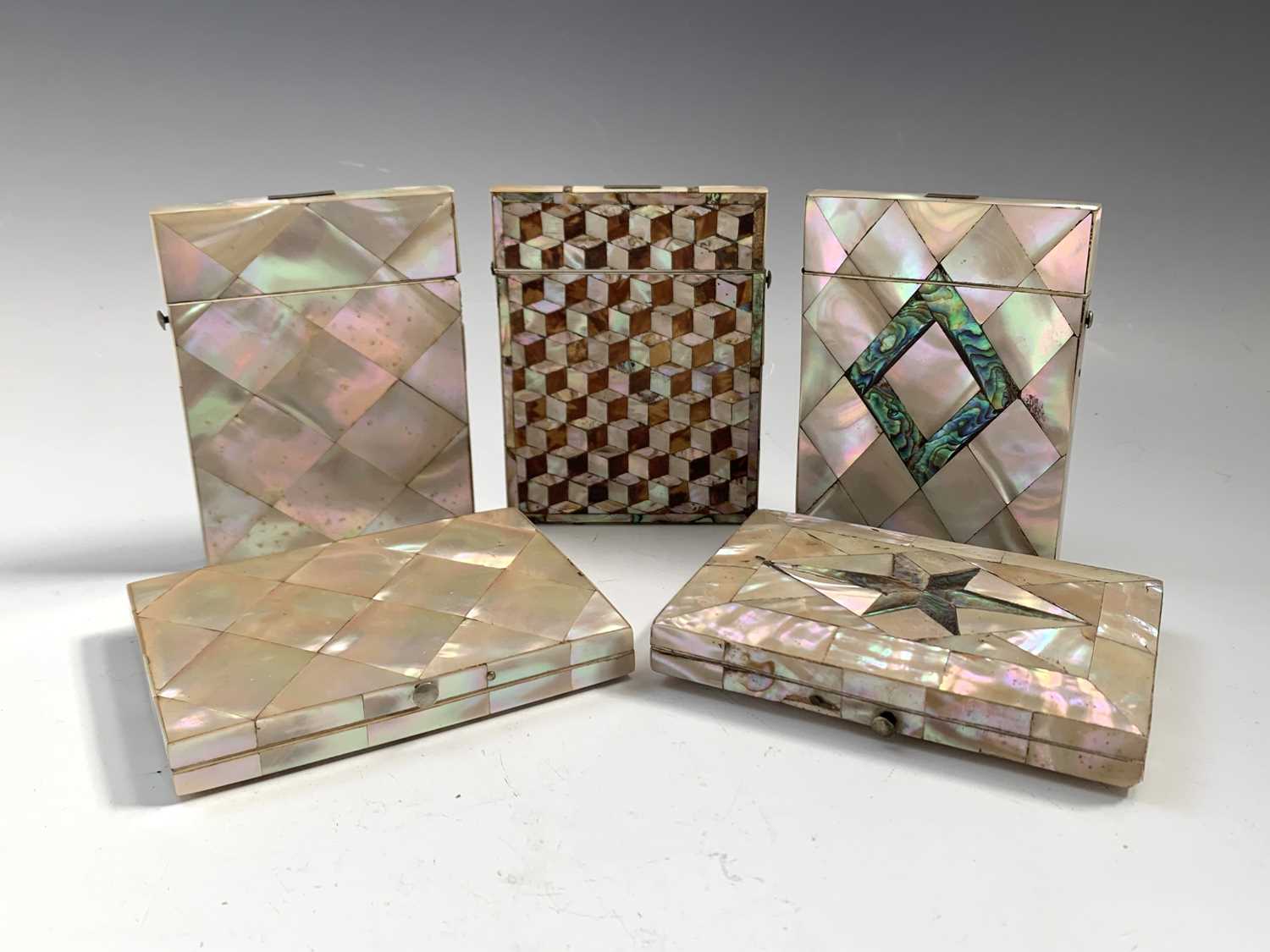 Five mother-of-pearl card cases