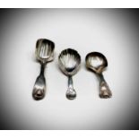 Three Victorian silver caddy spoons:Henry Ellis & Son, Exeter 1851 0.37ozGeorge Unite, Birmingham