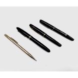 A black UHU fountain pen (lacks nib), a Platignum black Regal fountain pen, an Eversharp pencil