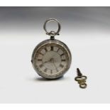 A Victorian engraved silver keywind fob watch the open silver face with gold Roman numerals and a