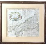 ROBERT MORDEN. Hand col and engraved map of Cornwall, folds and staining, 18th century. Framed,